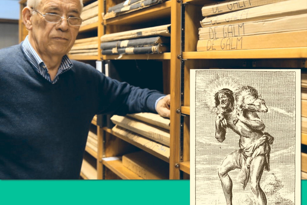 Historicus Jaak Ockeley. Inzet: gravure van Pastor Bonus uit 'Liber Confraternitatis'.