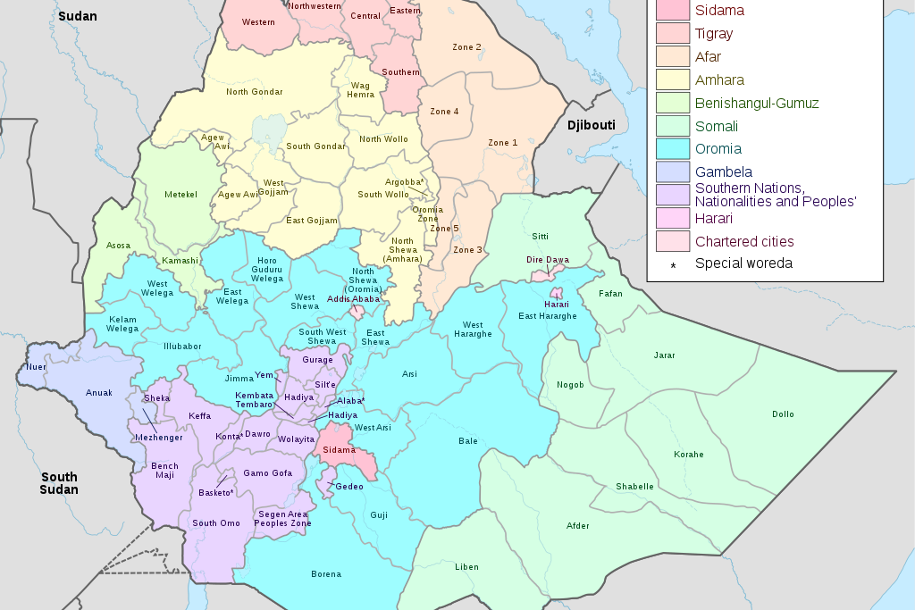Kaart van Ethiopië met de verschillende regio's