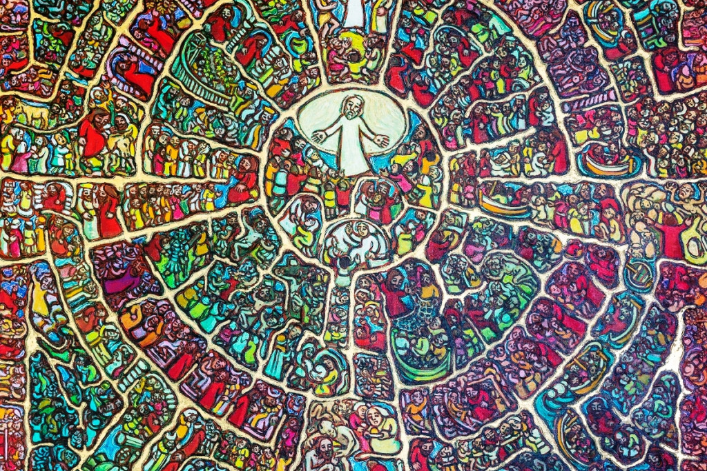 De figuren in het werk van de religieuze kunst van Peter Clare doen denken aan iconen- en glaskunst. In dit schilderij is het hele Marcusevangelie verwerkt.