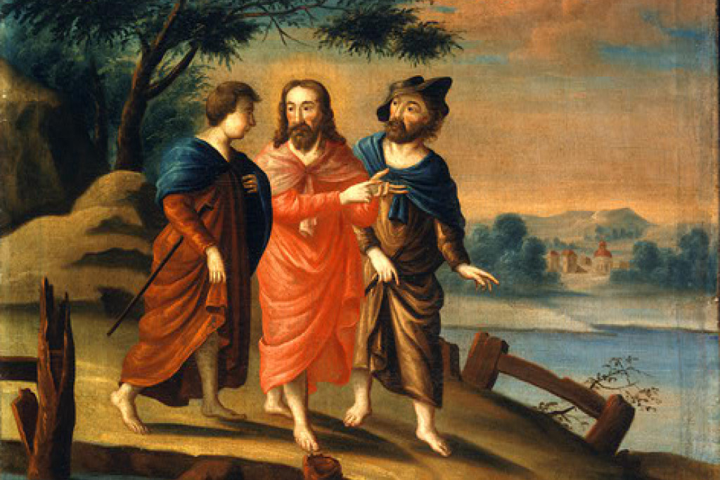Christus met twee leerlingen op weg naar Emmaüs.