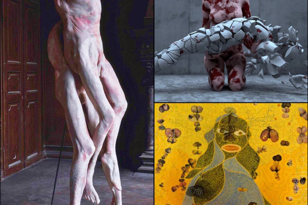 Collage met 3 piëta's van moderne kunstenaars.