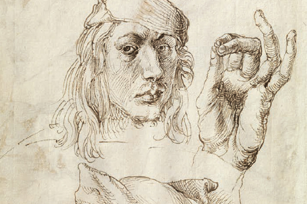 Albrecht Dürer, Zelfportret, studie van een hand en een kussen, 1493, pen en bruine inkt op papier,
