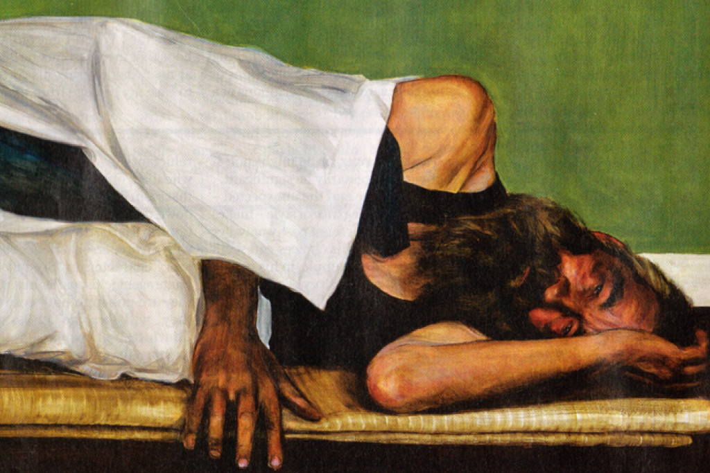 'Rusteloos', van Egbert Modderman. Het schilderij verbeeldt de Bijbelse hogepriester Eli die de slaap niet kan vatten.