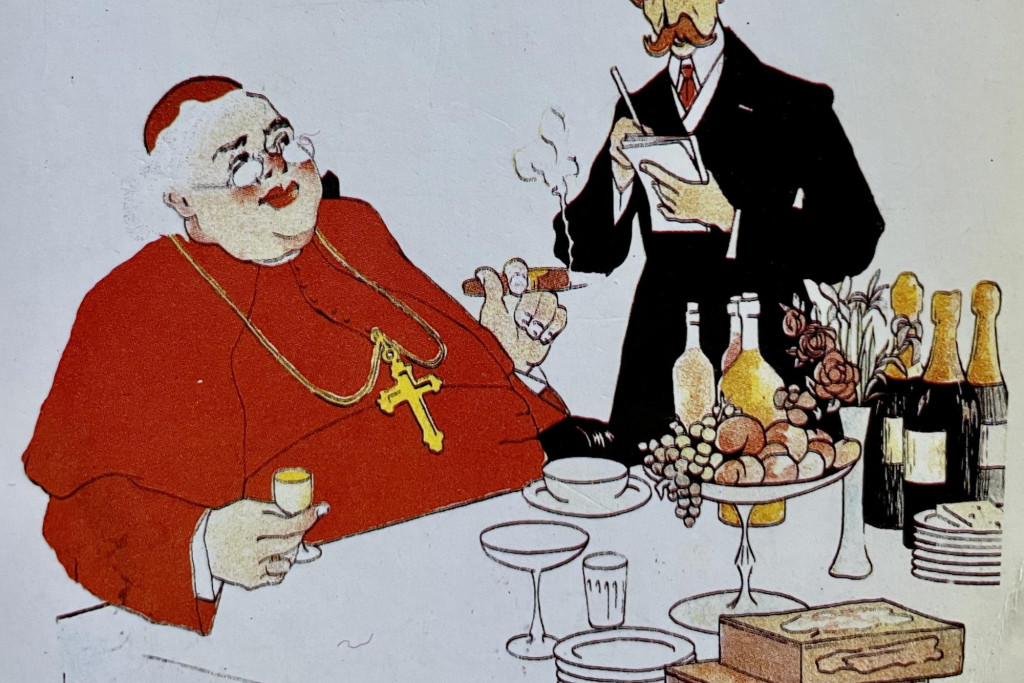 'Zeg wel dat we klaar zijn voor het martelaarschap', spotprent op de cover van het boek 'L'anticléricalisme en France', René Rémond, Editions Complexe, 1992.