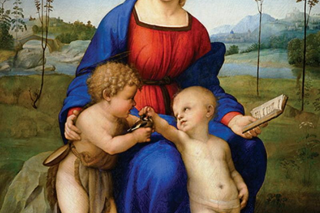 Madonna del cardellino, door Rafaël. Maria met neefjes Jezus en Johannes. Johannes houdt een distelvink vast, symbool van Jezus' passie.