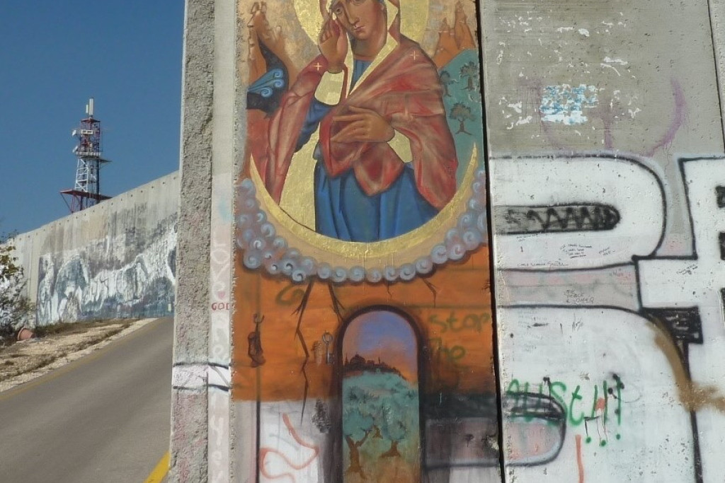 Fresco-icoon van Maria die muren sloopt in Betlehem. © Bénédicte Verroens