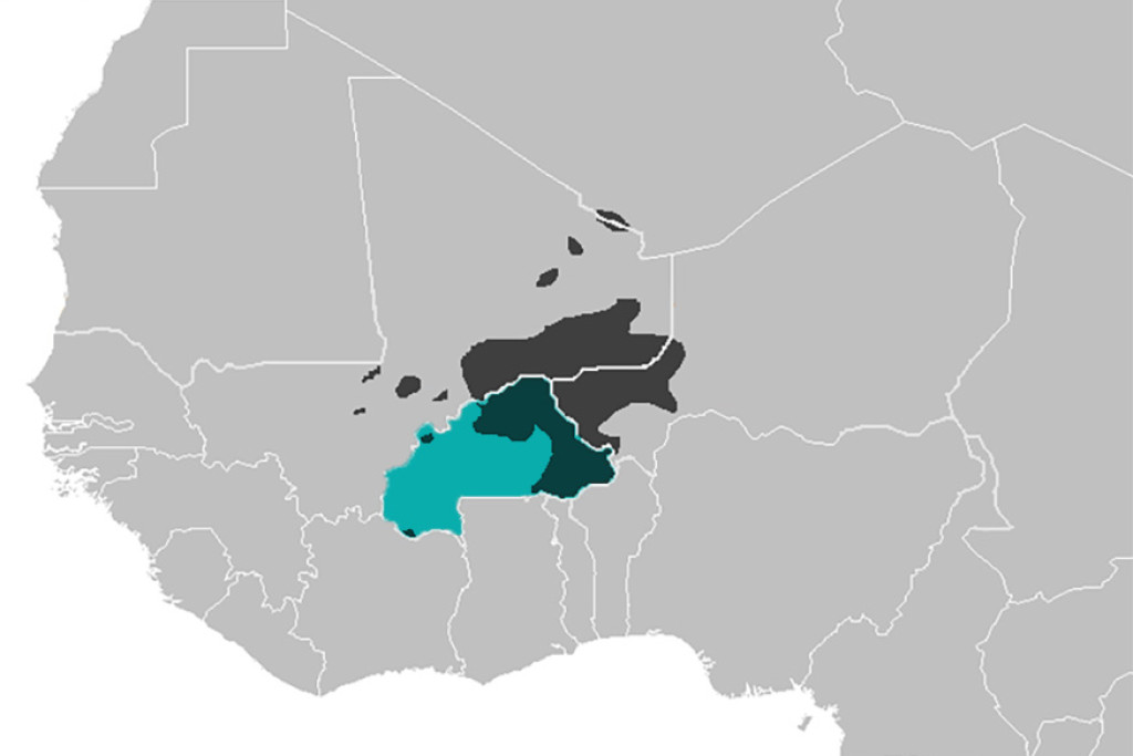 Burkina Faso (groen) en de Islamitische terreur (zwart) in de Sahel