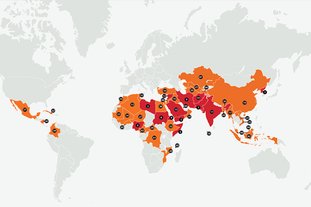 Landen waar christenen het meeste onder vervolging te lijden hebben zijn Noord-Korea, Somalië, Libië, Eritrea, Jemen, Nigeria, Pakistan, Soedan, Iran en Afghanistan