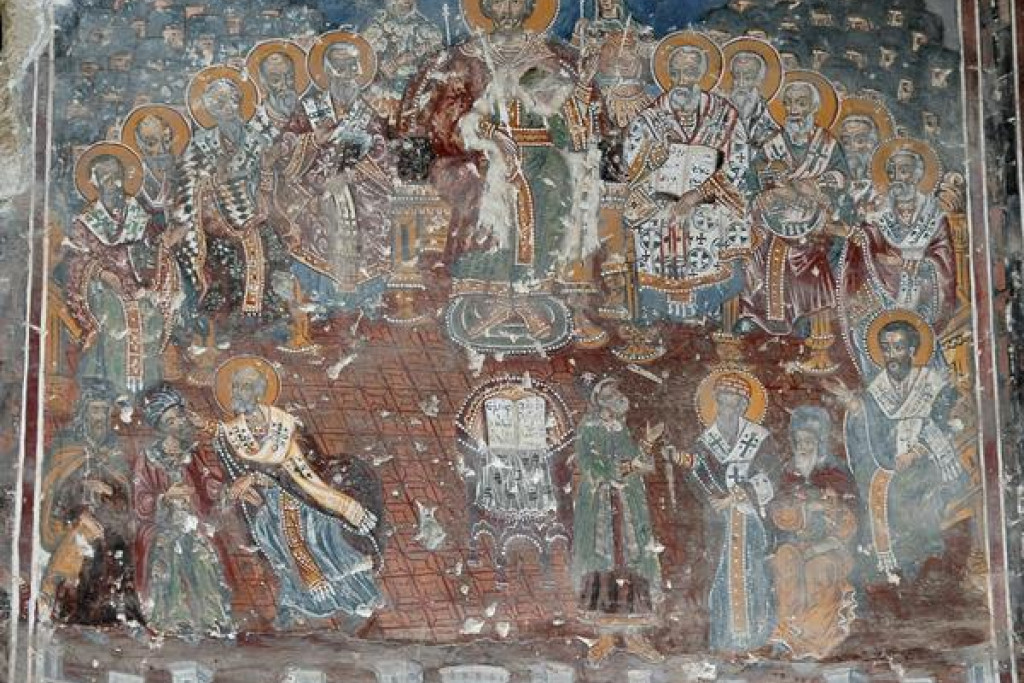 Fresco van het Concilie van Nicea, uit het Sümelaklooster (Turkije)