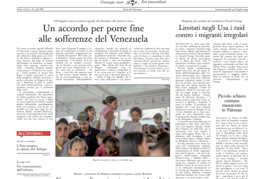 Voorpagina van de Italiaanse editie van L'Osservatore Romano