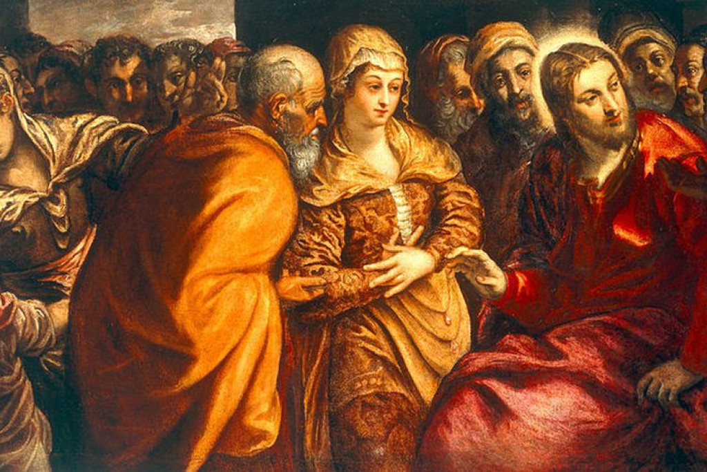 Het schilderij 'Jezus en de overspelige vrouw' van Tintoretto