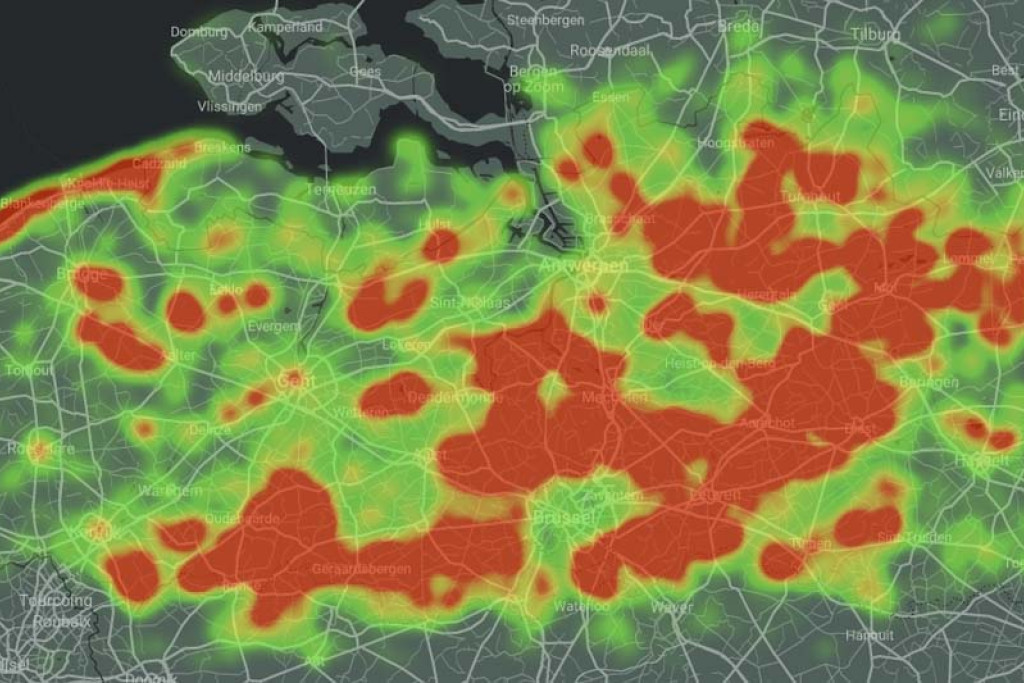 Warmtekaart populairste wandelgebieden in 2021 volgens het Wandelrapport van Wandelknooppunt.be.