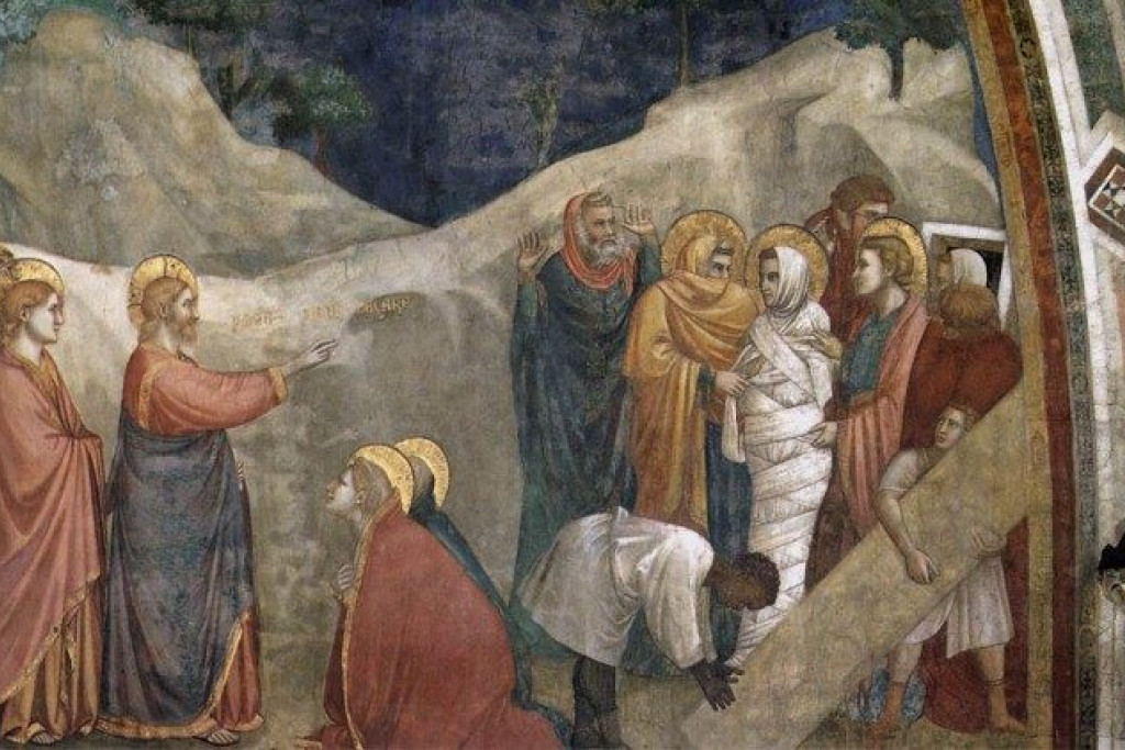 Afbeelding van de 'Opstanding van Lazarus' in de benedenbasiliek van Assisi