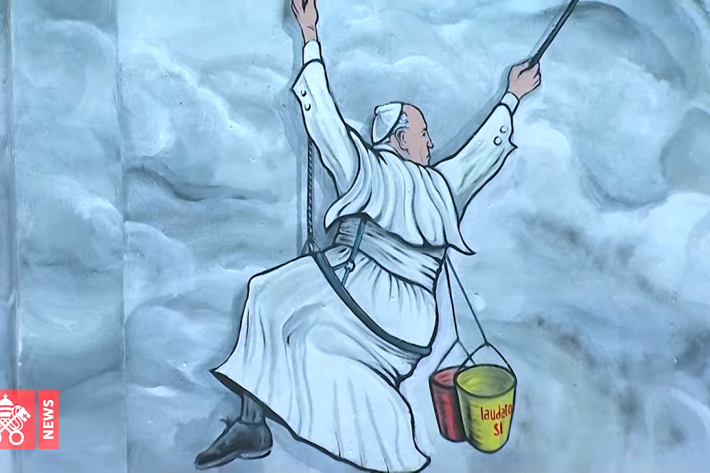 De graffiti van de 'groene paus' Franciscus door de straatkunstenaar Mauro Pallotta