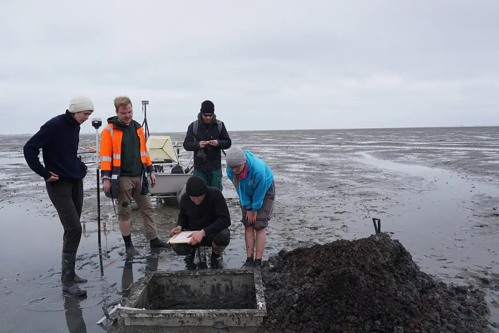 Een speciaal metalen frame maakt opgravingen in het wad mogelijk